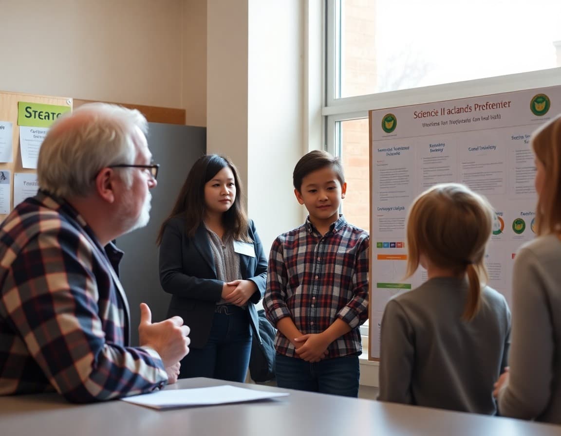 Judge reviewing a student science fair project board and asking questions