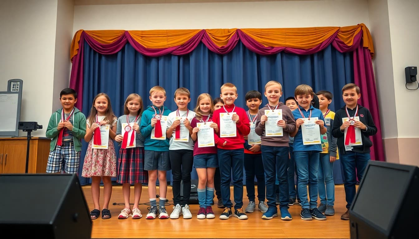 Students holding ribbons after a school science fair on a decorated stage