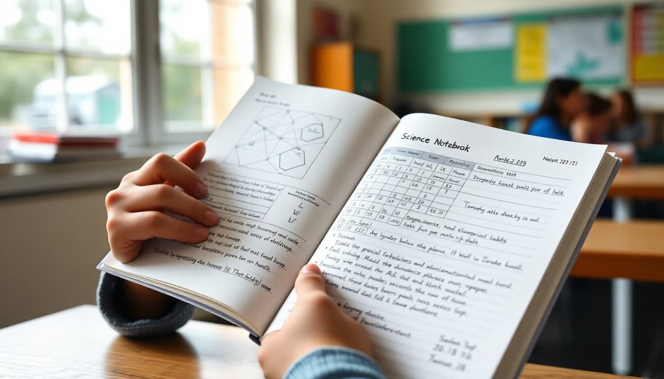 Open student science notebook with hand-drawn diagrams, data tables, and observation notes