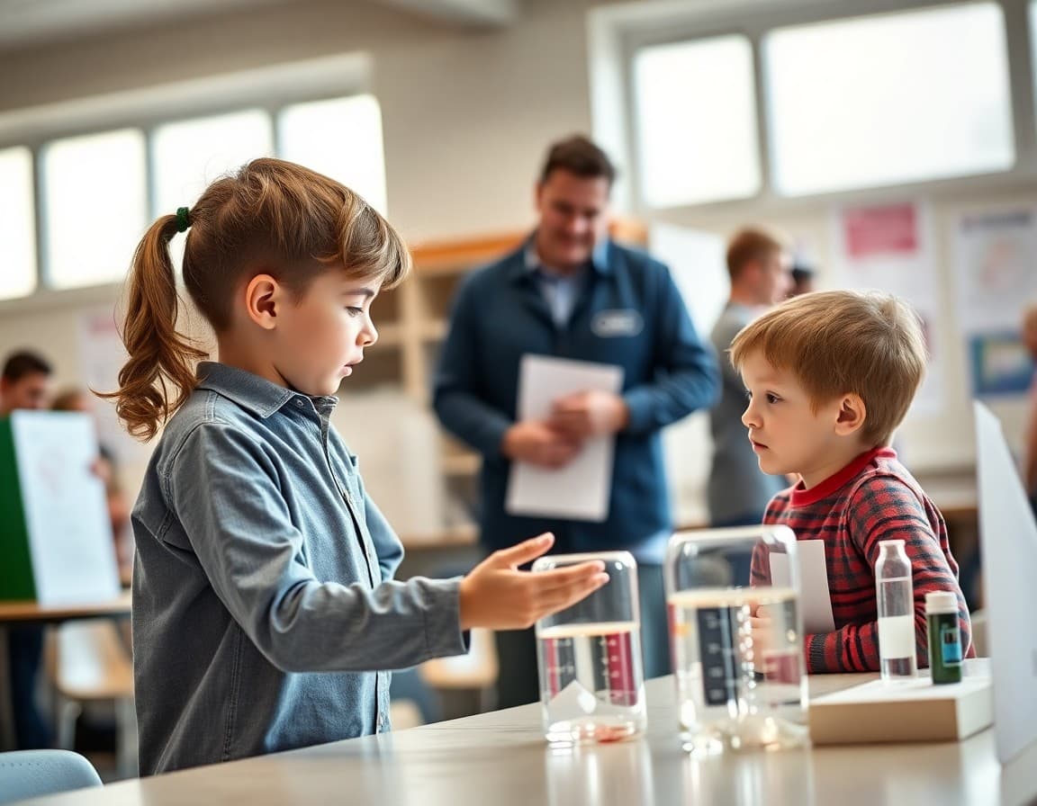 Child explaining their experiment hypothesis to a parent at a science fair table