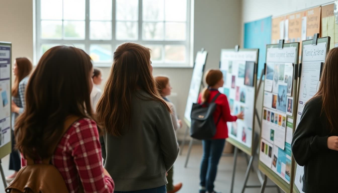 Students presenting science projects on display boards at a school science showcase