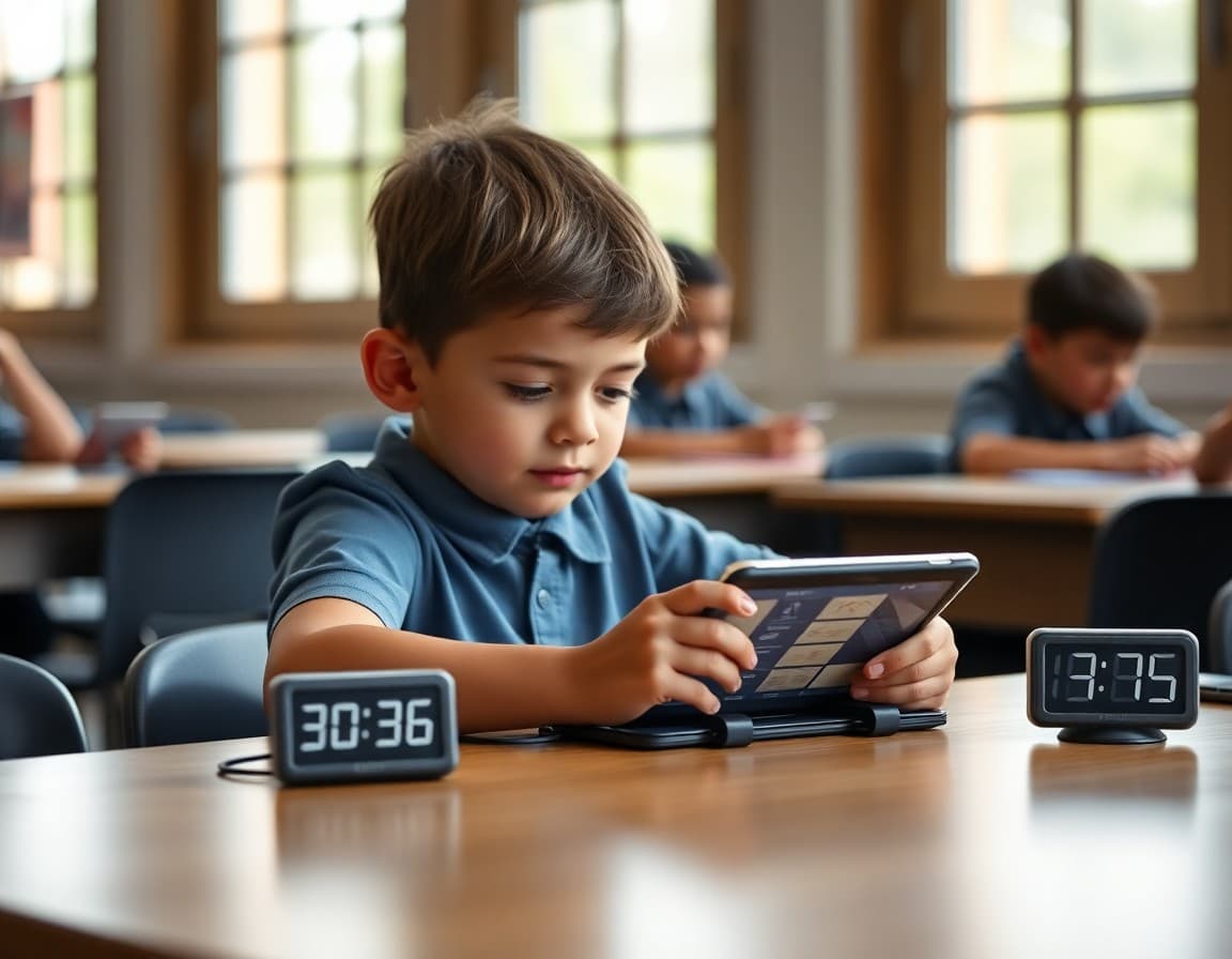 Child using a tablet for educational content with a timer on the table beside them