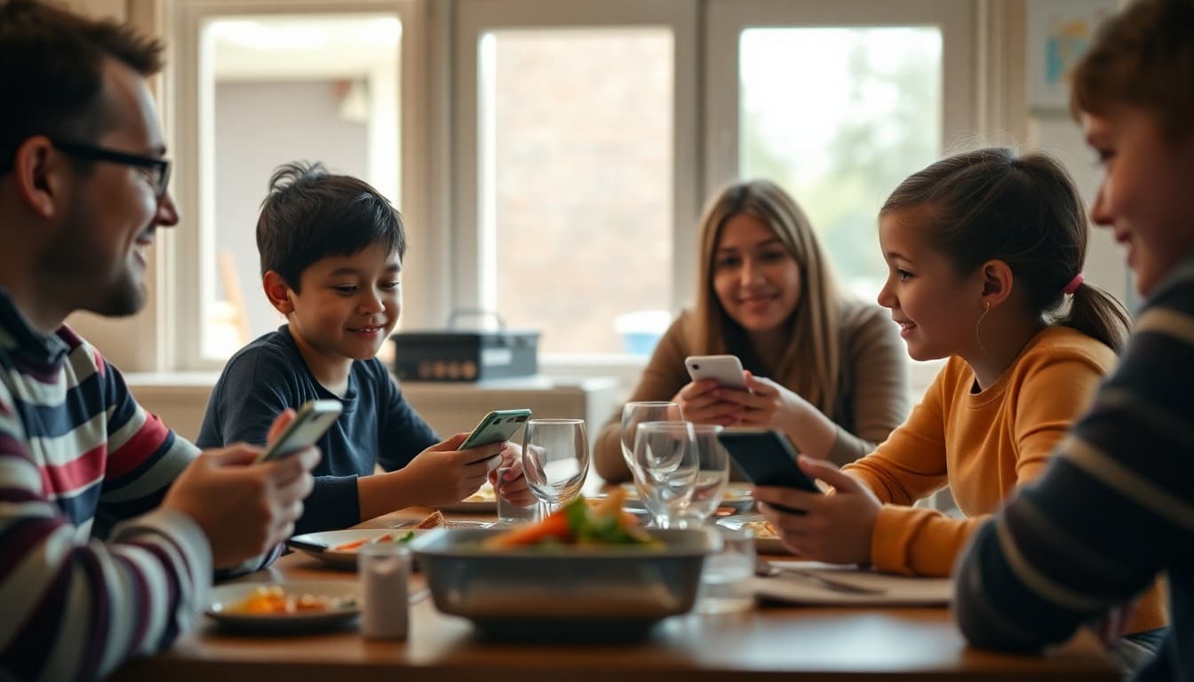 Family putting phones away during dinner time to focus on conversation together