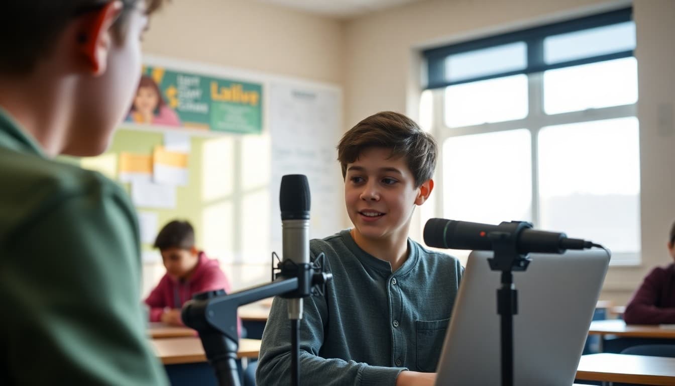 Student recording a screencast of their digital project while speaking into a microphone