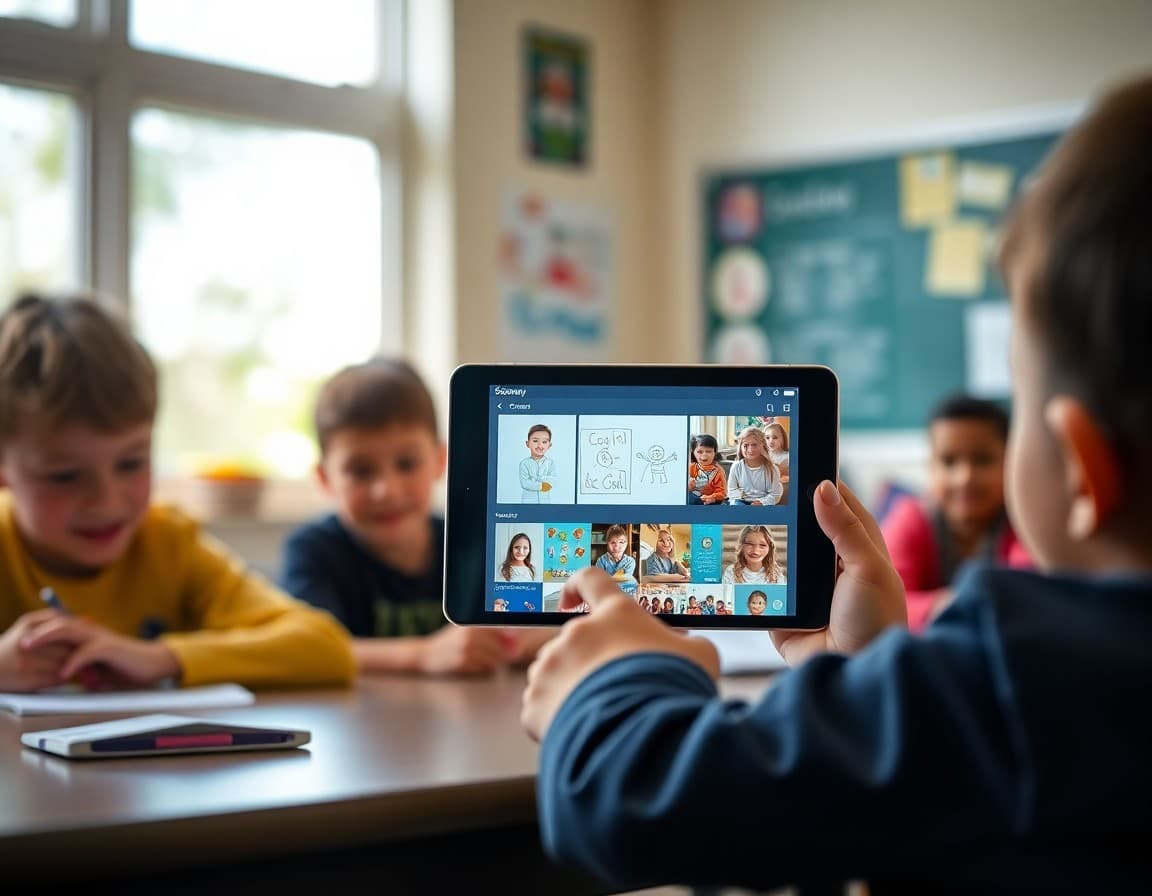 Seesaw digital portfolio showing student drawings, videos, and reflections in a class feed