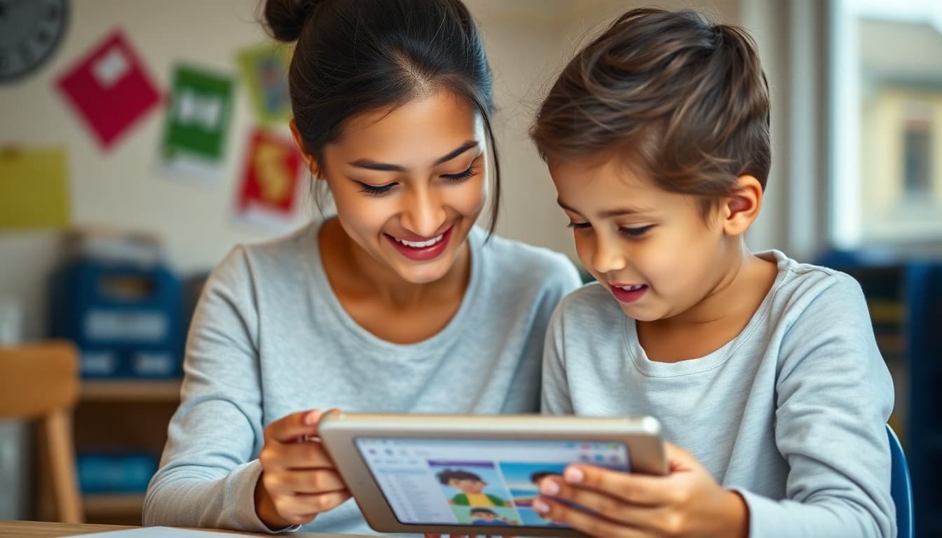 Parent and child looking together at a Seesaw portfolio on a tablet at home