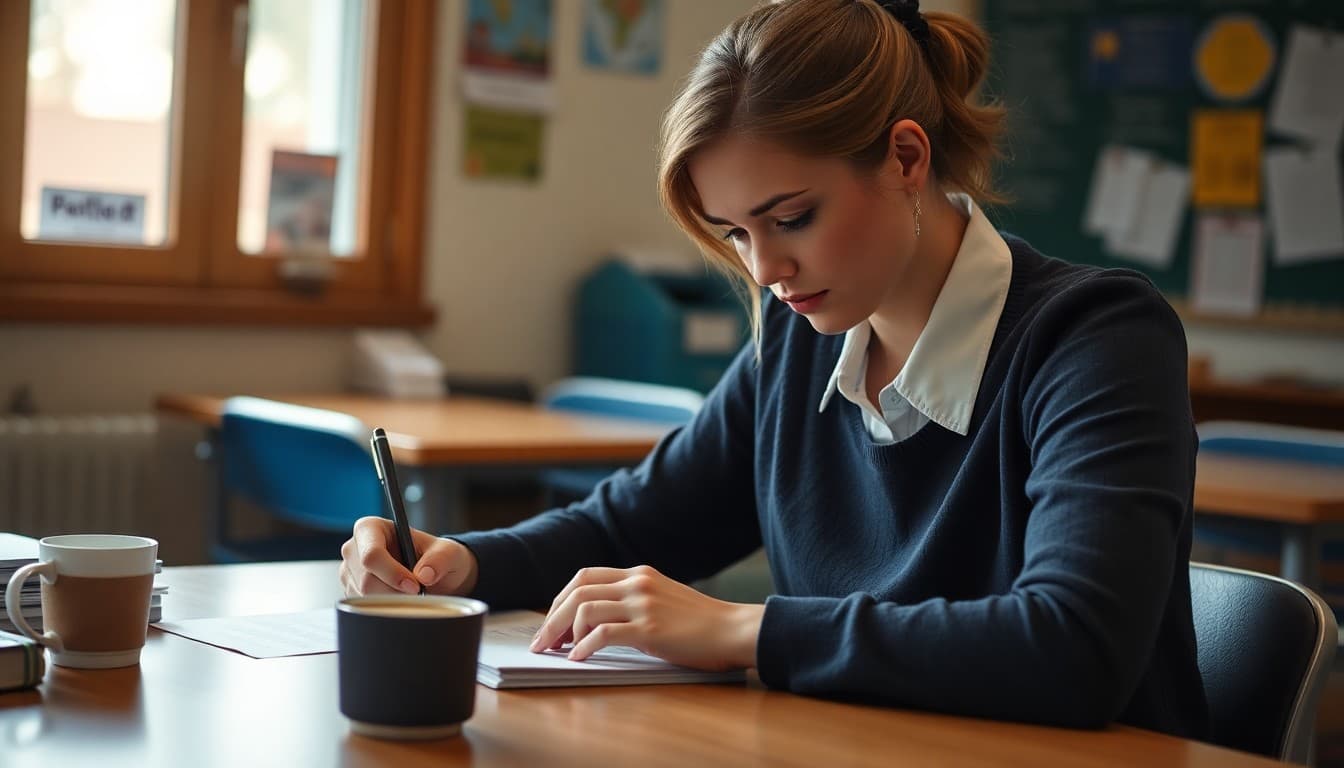 Teacher thoughtfully writing a sensitive newsletter at a desk with a cup of coffee nearby