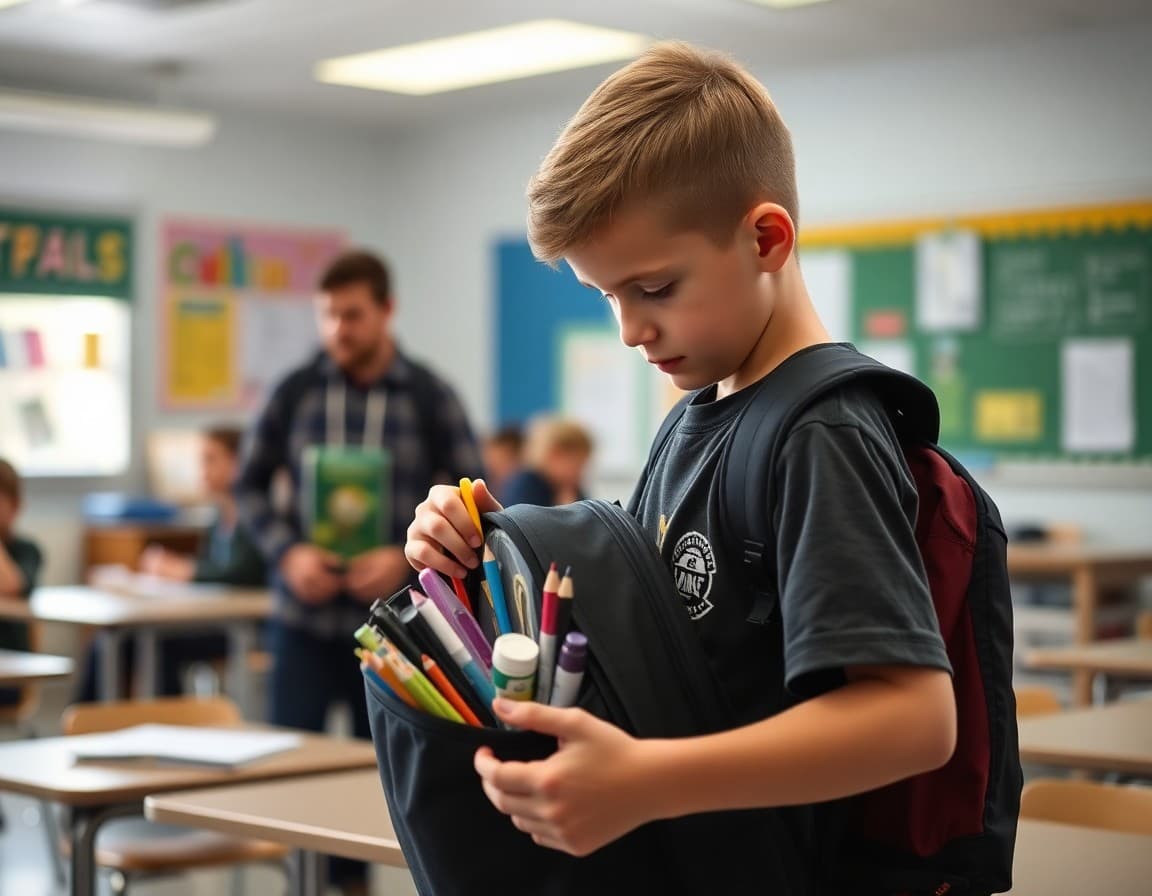 Student unpacking a backpack with school supplies in a September back-to-school classroom setting