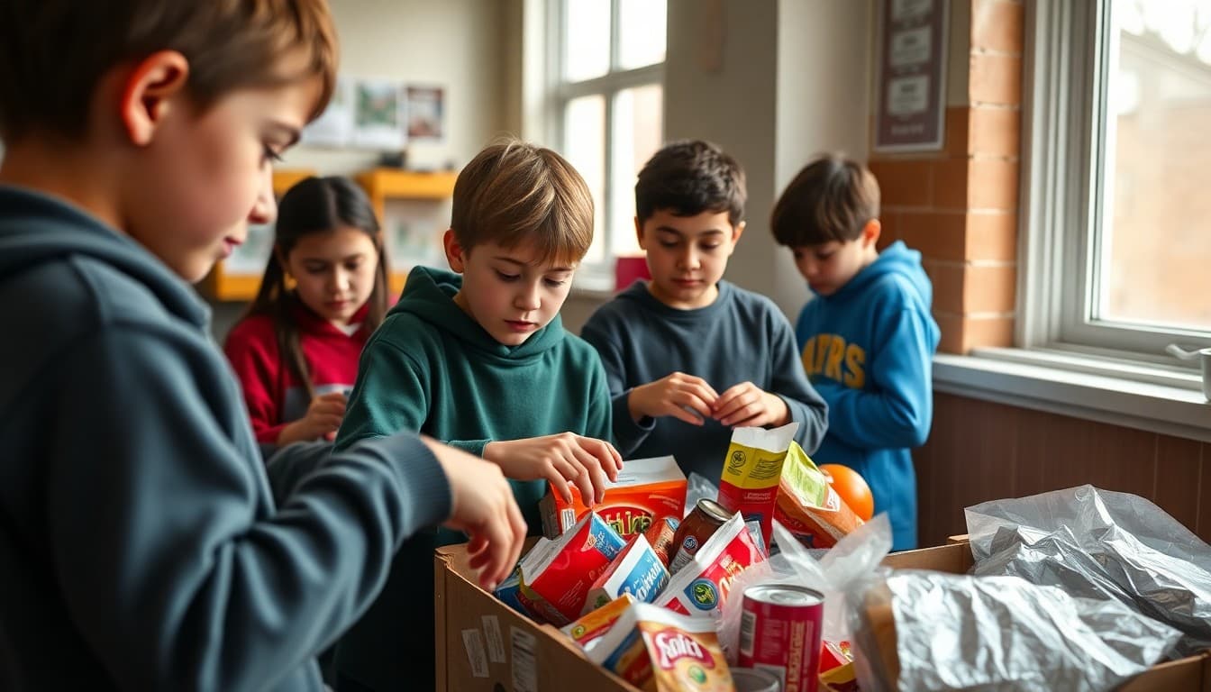 Students sorting donated food items for a community food drive as part of a service learning project