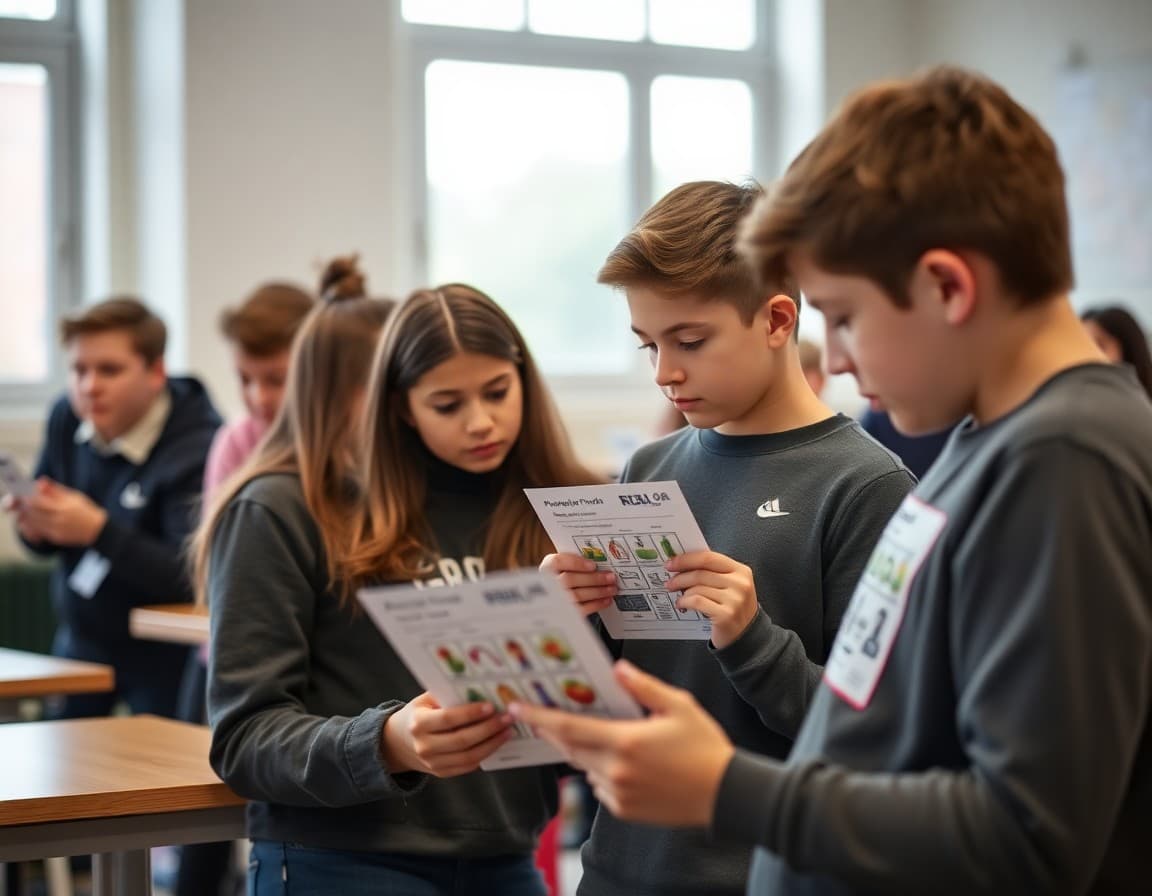 Students reviewing their product pitch cards before presenting to a panel of judges