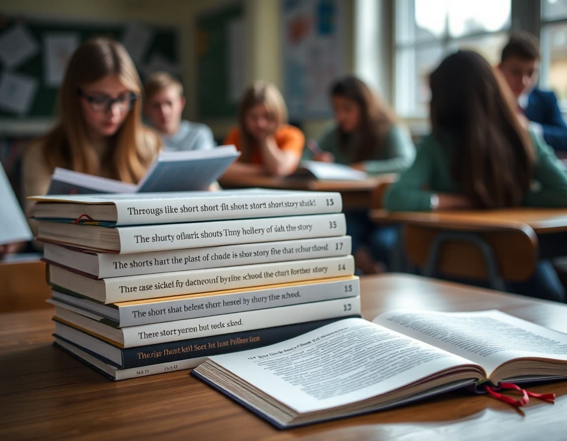 Short story anthologies stacked on a classroom table with bookmarks visible
