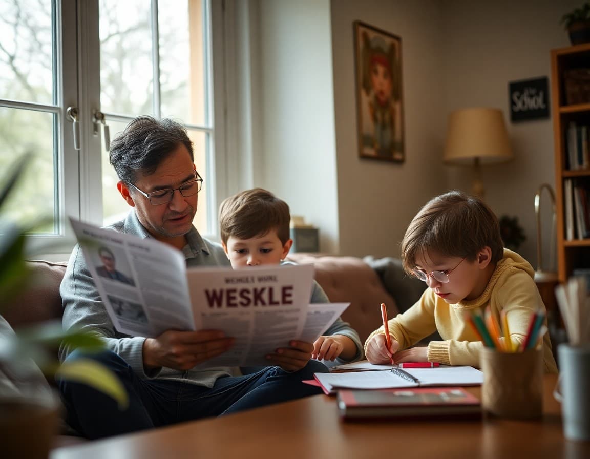 Parent reviewing a newsletter at home while two children do homework together