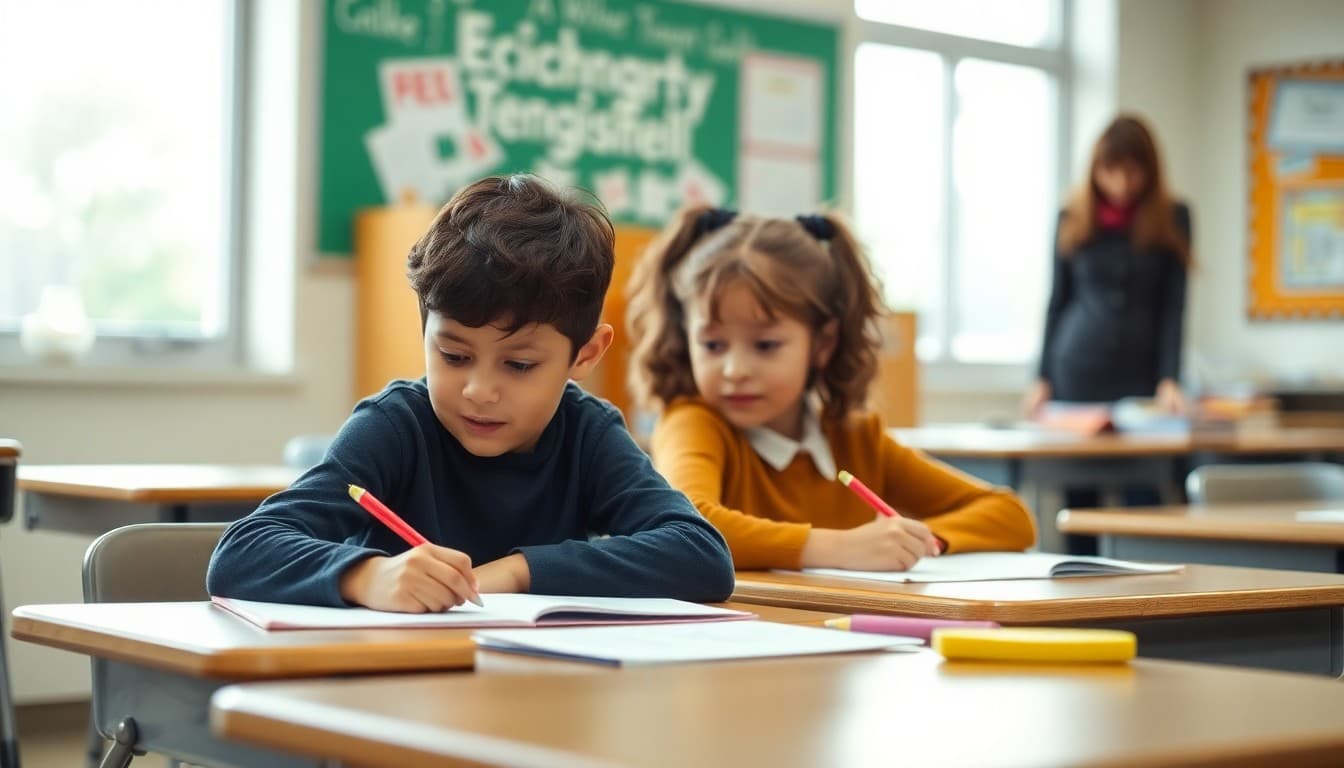 Two siblings sitting at classroom desks with a teacher nearby reviewing work