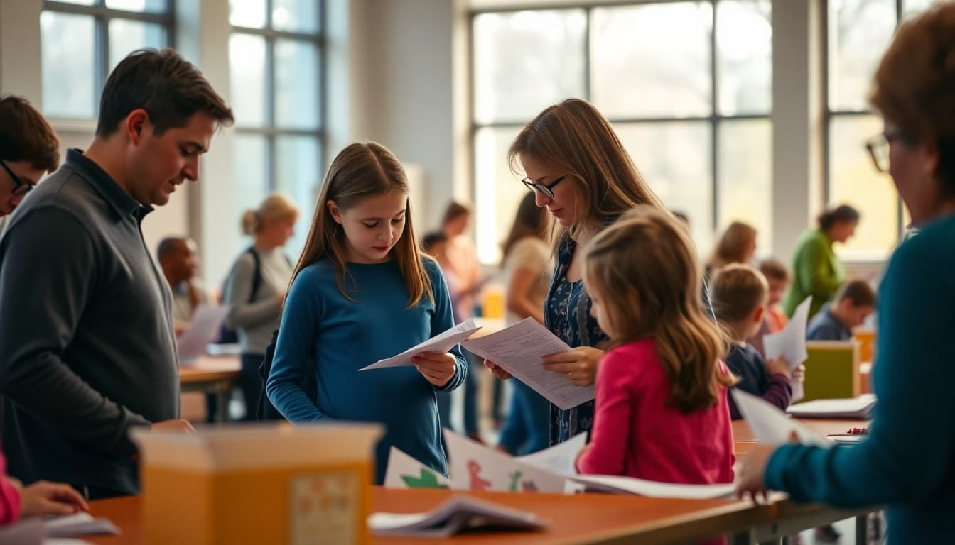 Families browsing silent auction tables with bid sheets at a school fundraiser