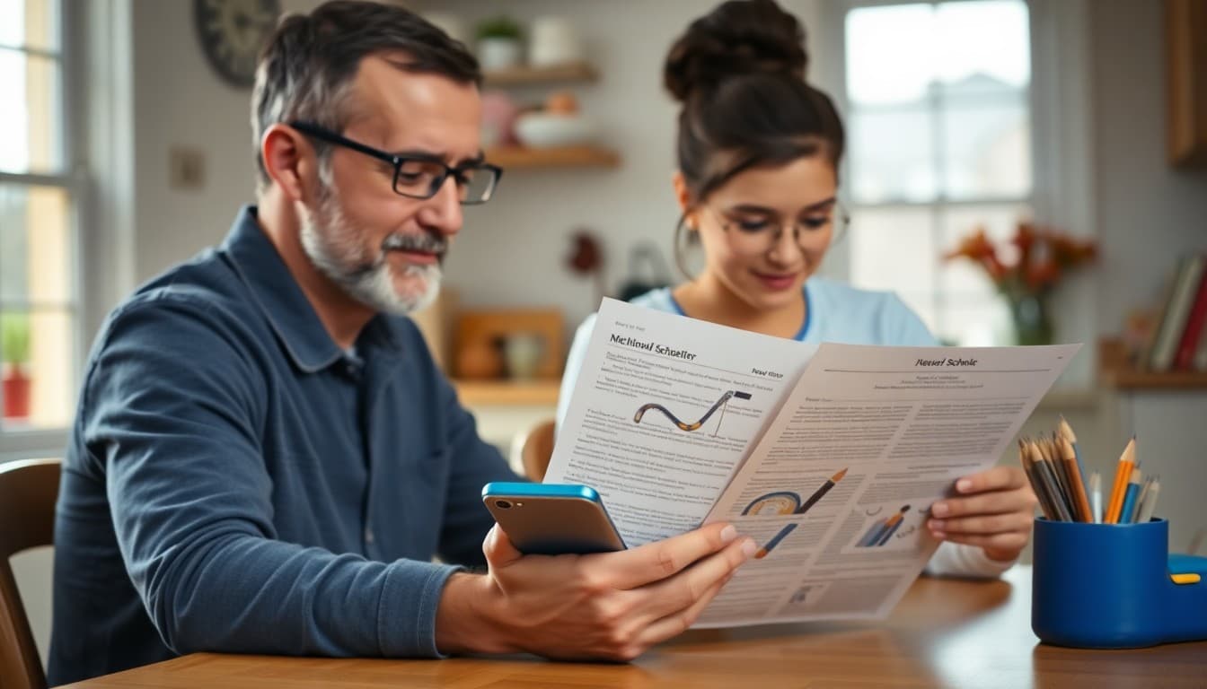 Parent reading a school newsletter on a phone while sitting at a kitchen table with their child