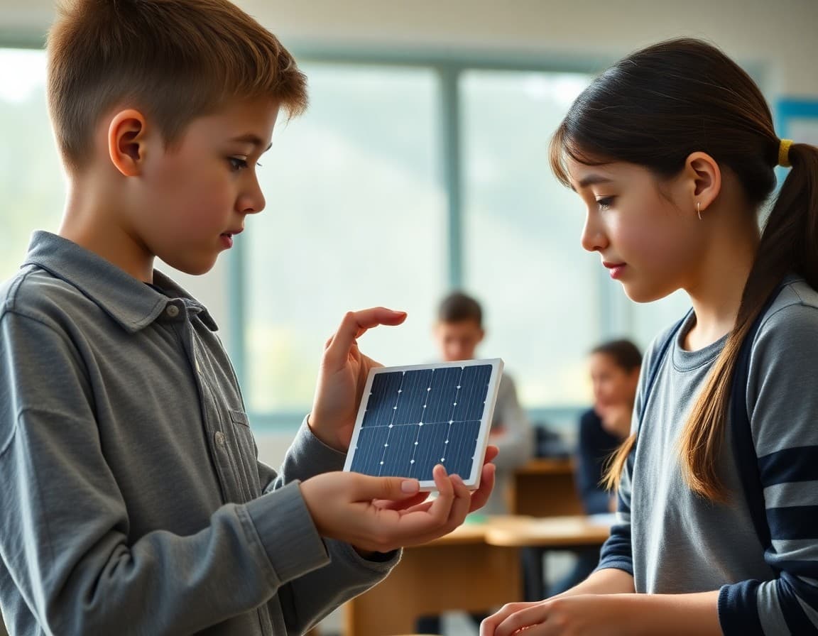 Student holding a mini solar panel while explaining how it works to a partner