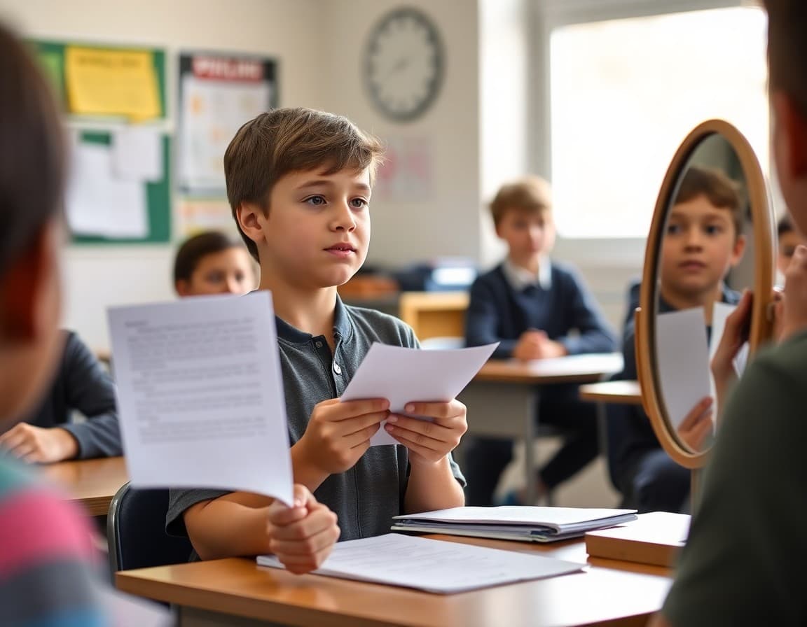 Student holding notecards and rehearsing a speech with a mirror on a desk