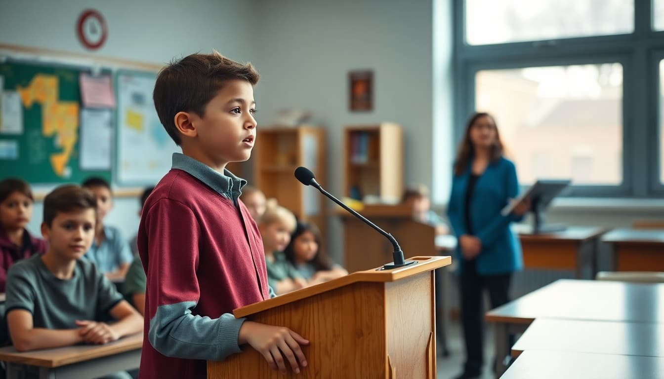 Student speaking confidently at a podium in front of classmates and a teacher