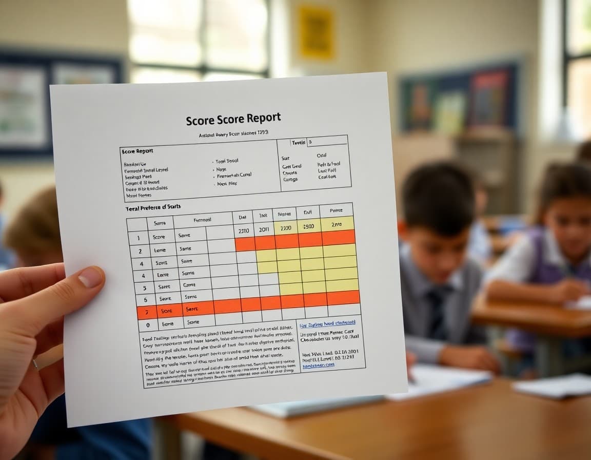 Score report printout with highlighted levels and teacher notes in margin