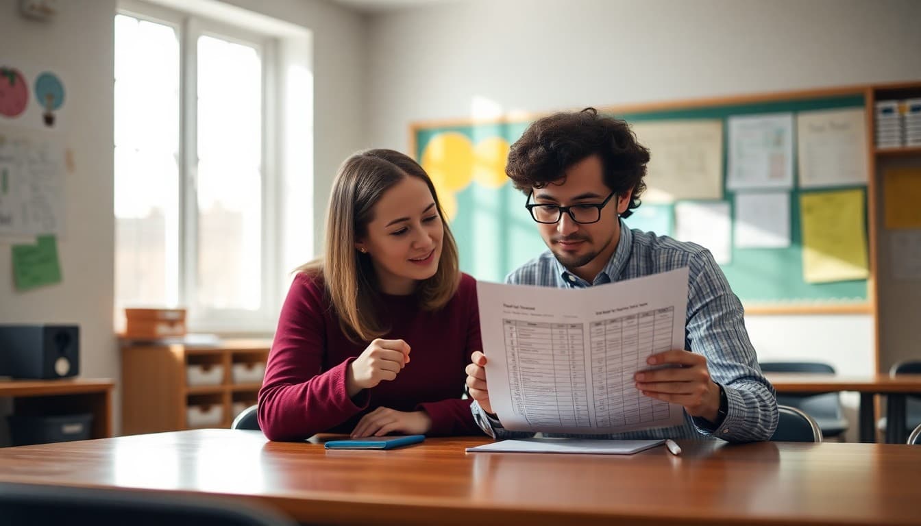 Parent and teacher reviewing a test score report together at a conference table