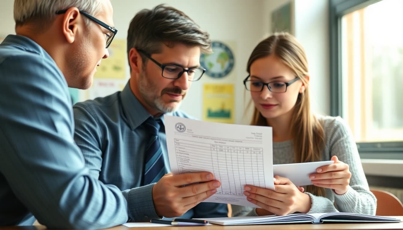 Parent and teacher looking at a standards-based report card together during a conference