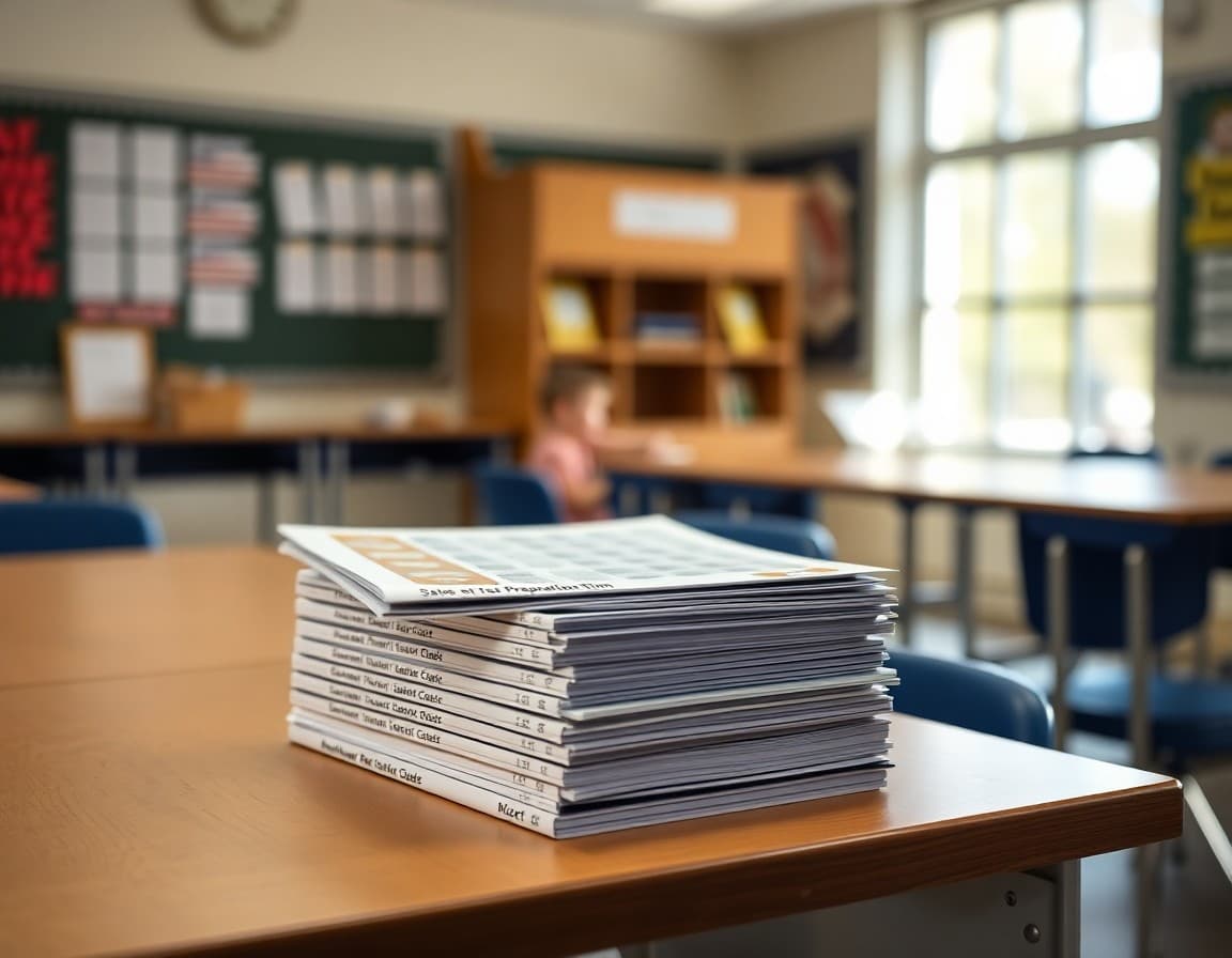 Stack of state test preparation booklets on a teacher desk