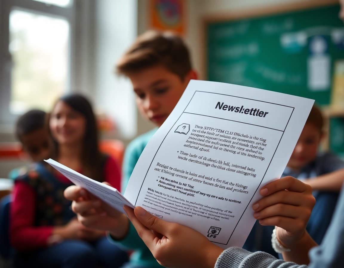 Parent reading a teacher newsletter that announces the school STEM club and sign-up details