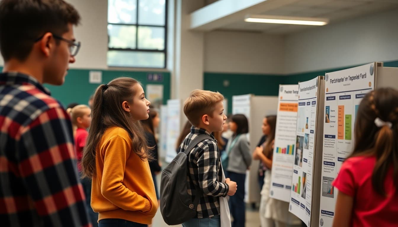 Students presenting STEM fair projects on tri-fold boards to judges and visitors