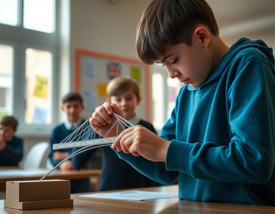 Student using a ruler to measure a bridge prototype during a STEM engineering challenge