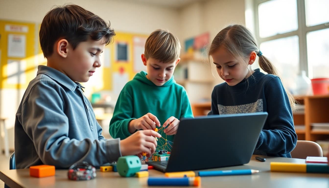 Students using coding tools and building materials together in a STEM integration lesson