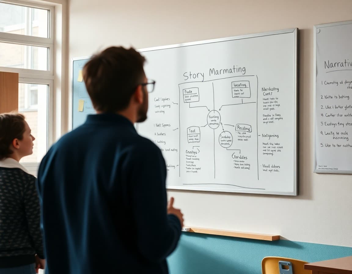 Story map and narrative structure chart on a classroom whiteboard