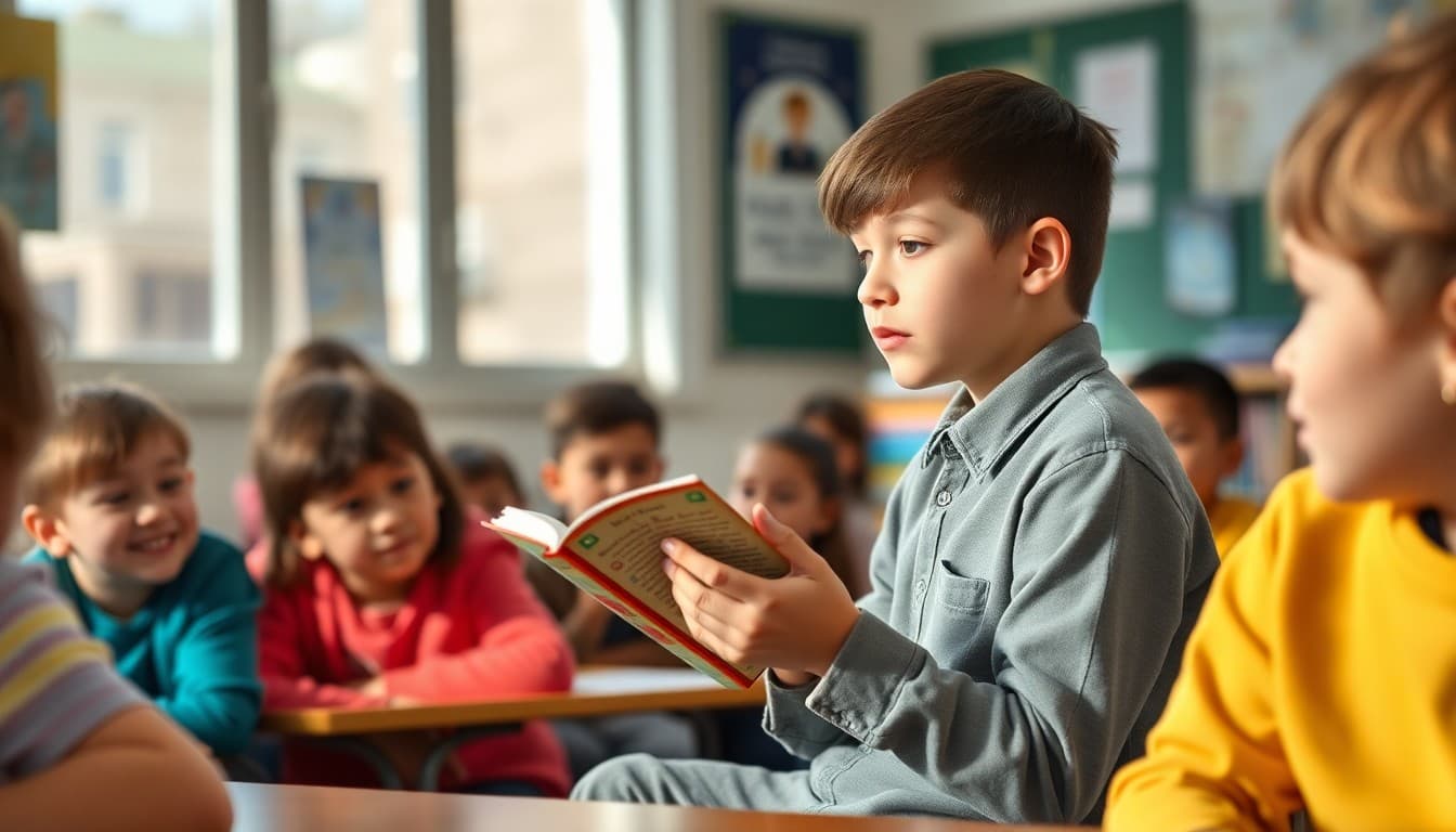 Student telling a story to classmates during a classroom oral storytelling activity