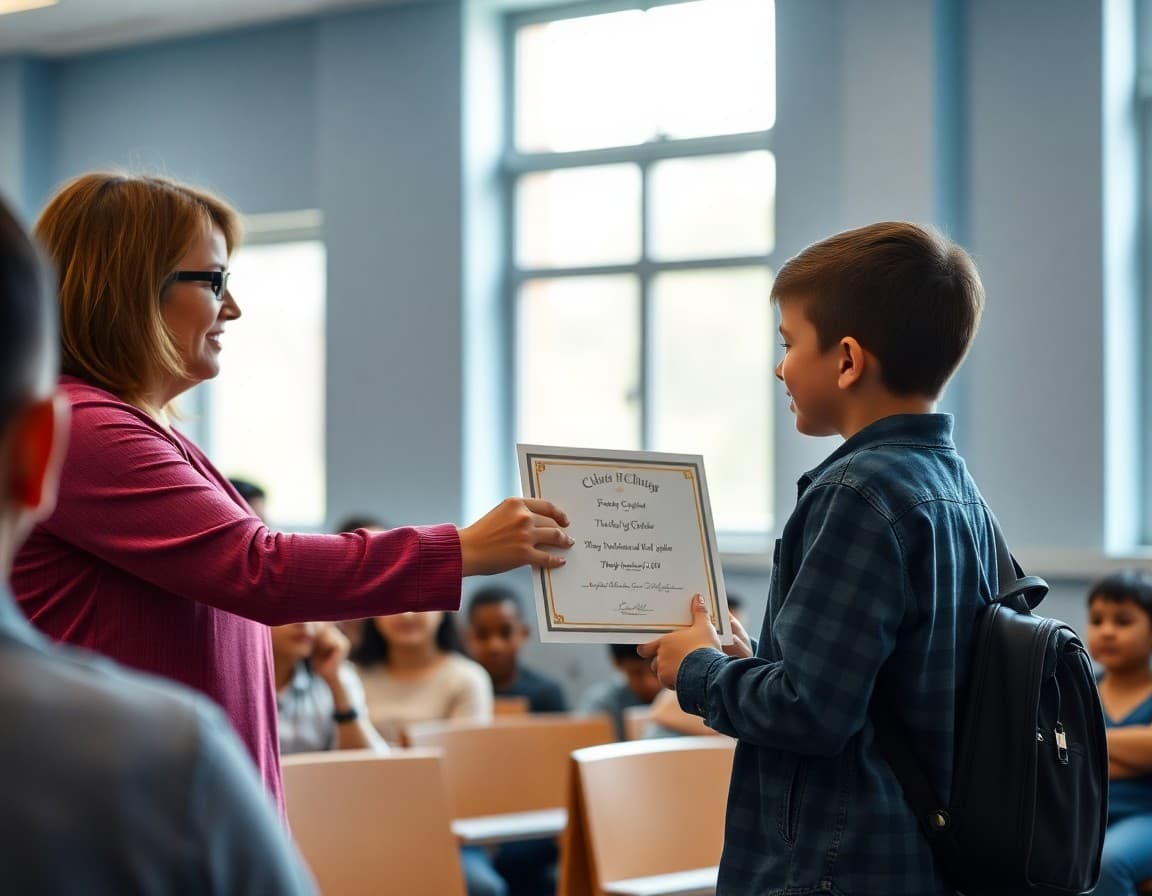 Teacher handing a student an award certificate while parents watch from the audience