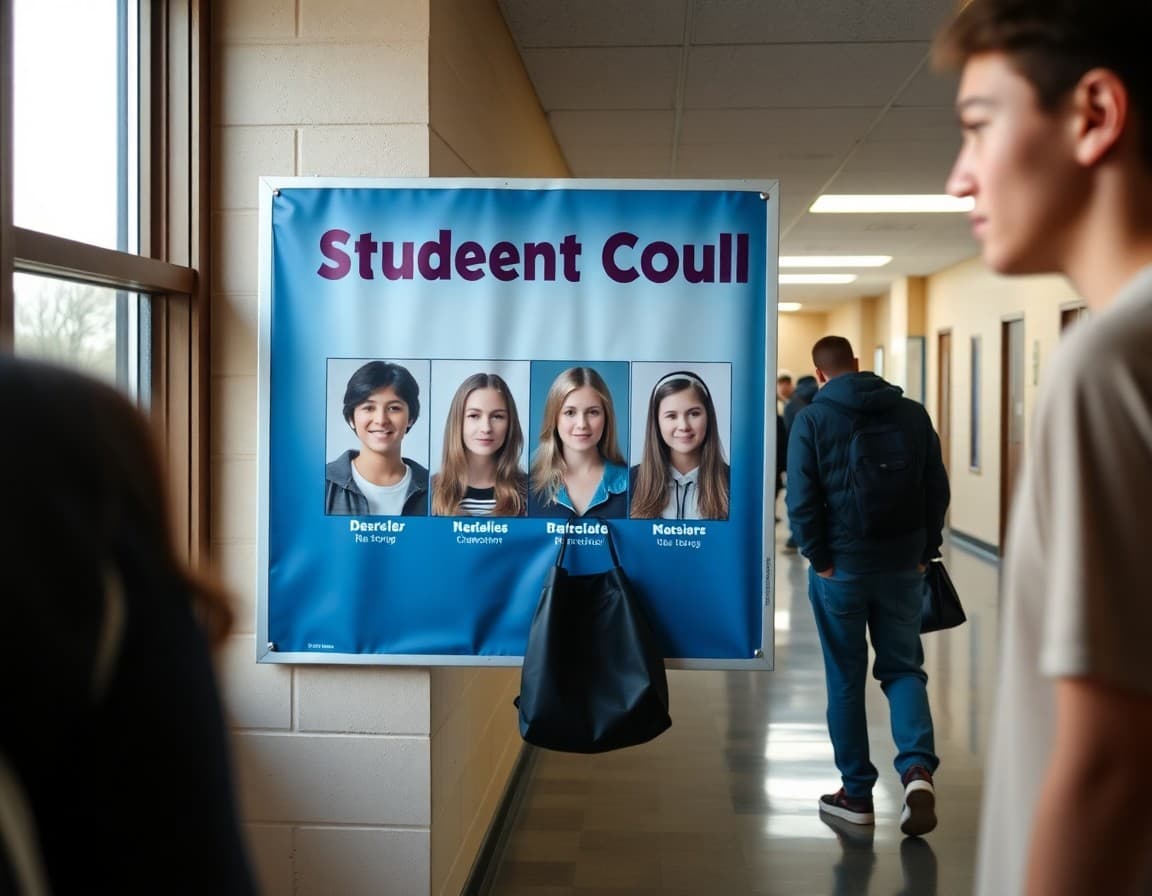 Student council poster on a hallway bulletin board with candidate photos