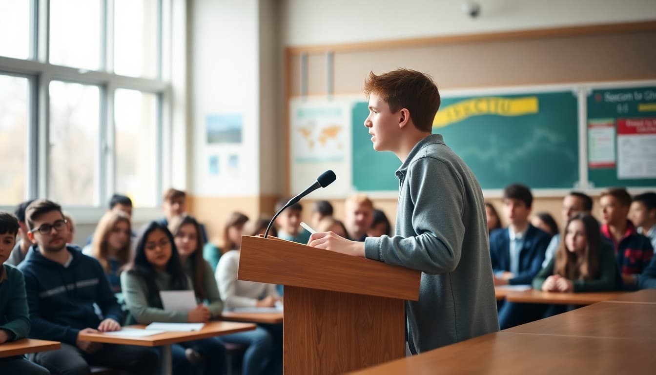 Student at a podium giving a speech in front of classmates during student council elections