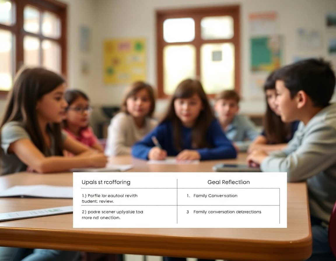 Student goals conference agenda card showing portfolio review, goal reflection, and family conversation sections