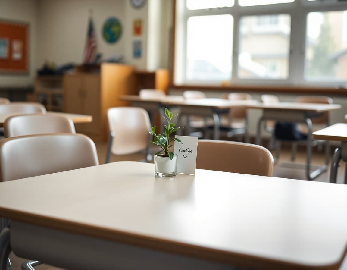 Empty desk in a classroom with a small plant and a goodbye card on top