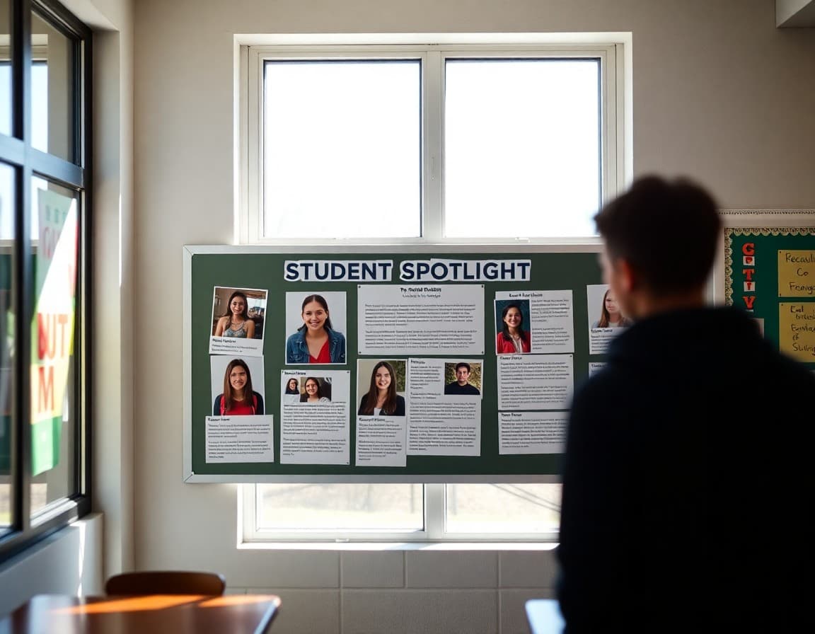 Student spotlight bulletin board with photos and descriptions