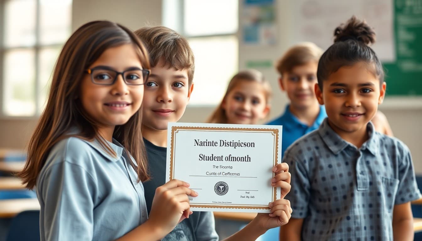 Student holding a student of the month certificate in front of classmates