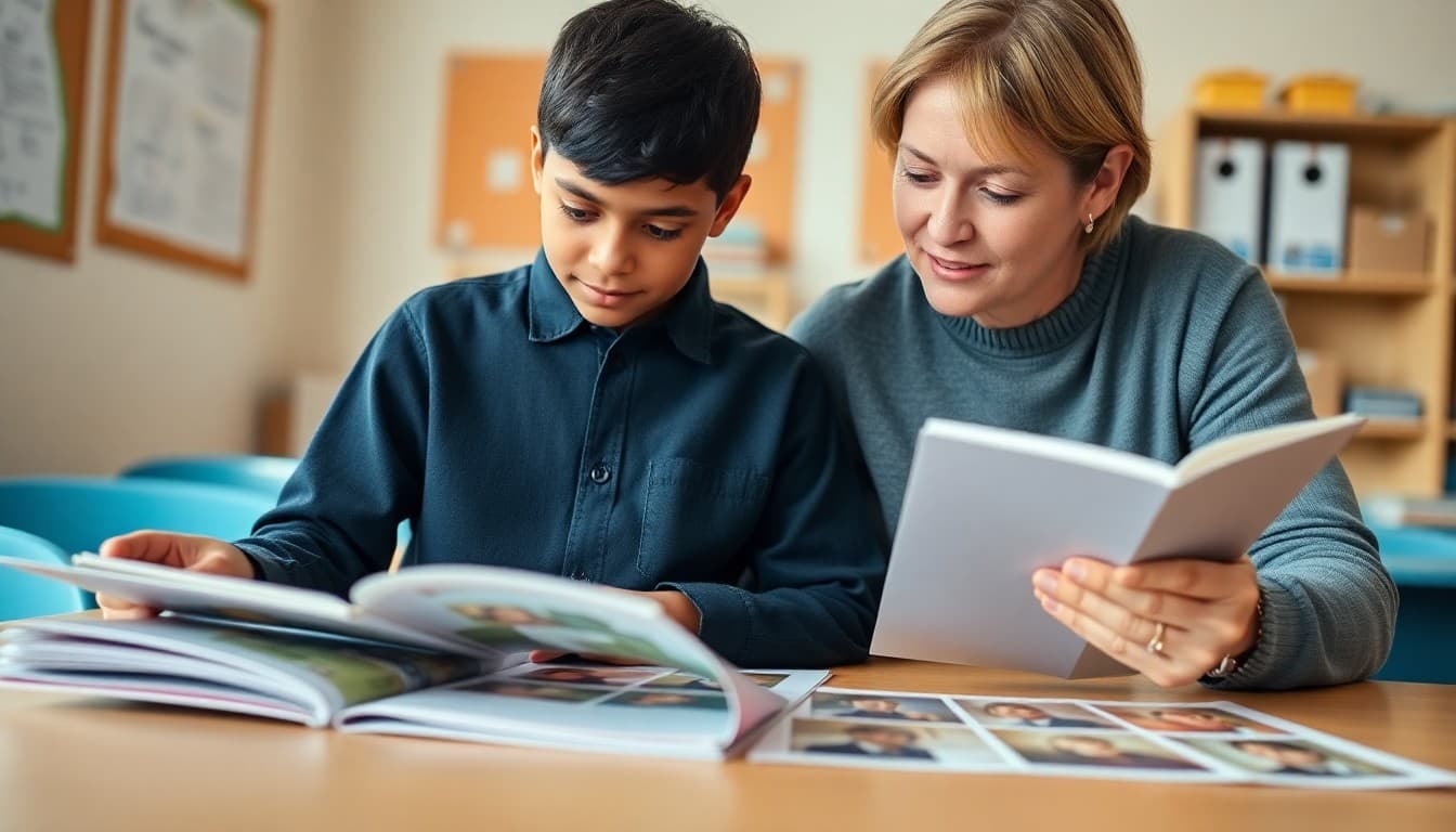 Student and parent reviewing portfolio pages spread on a table together