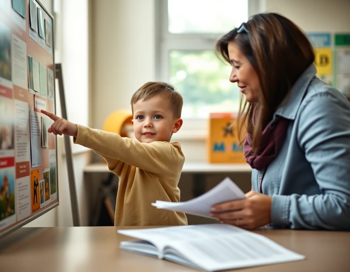 Child pointing proudly at a project board while a parent reads a program