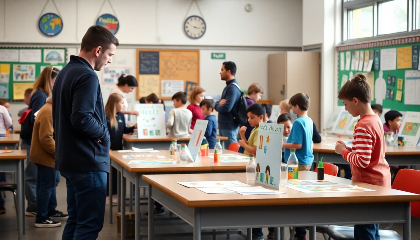 Students displaying projects on tables while families browse a classroom showcase
