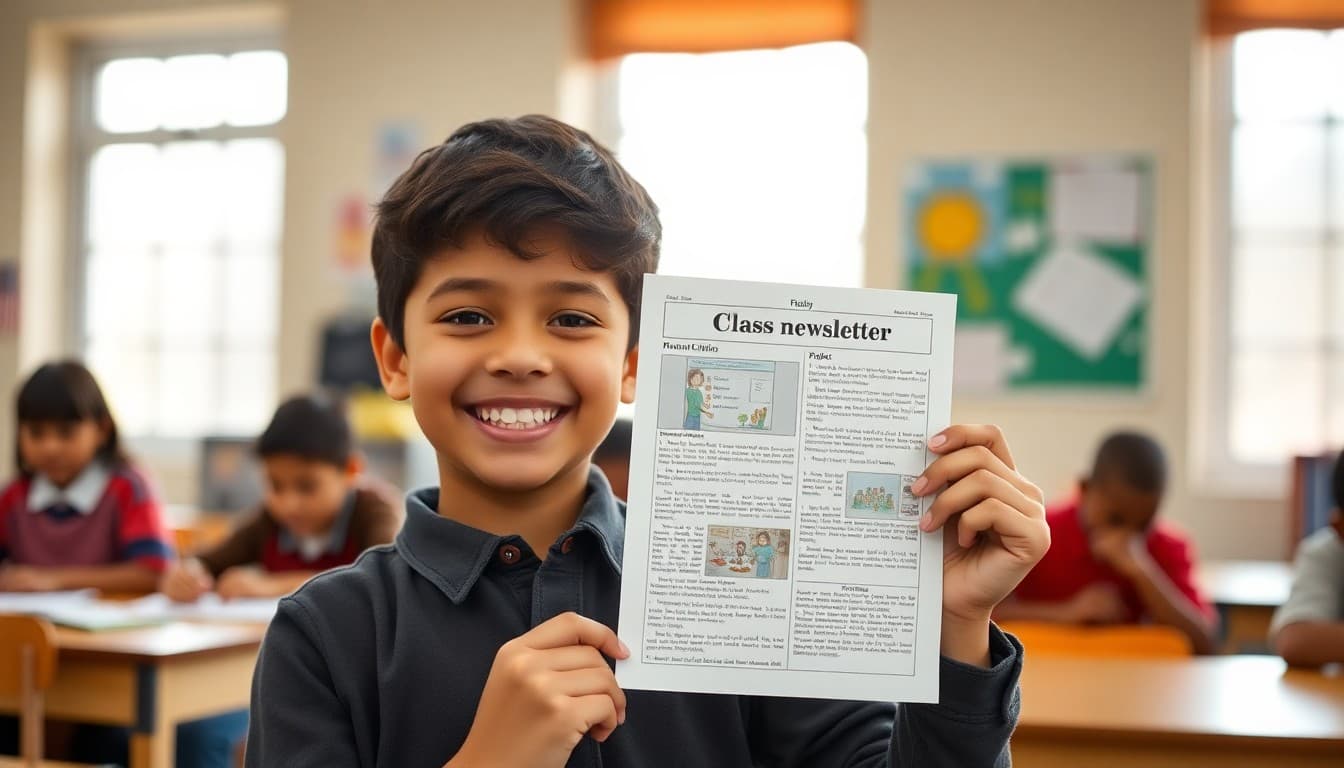 Student beaming while holding up a completed project that received recognition in the class newsletter