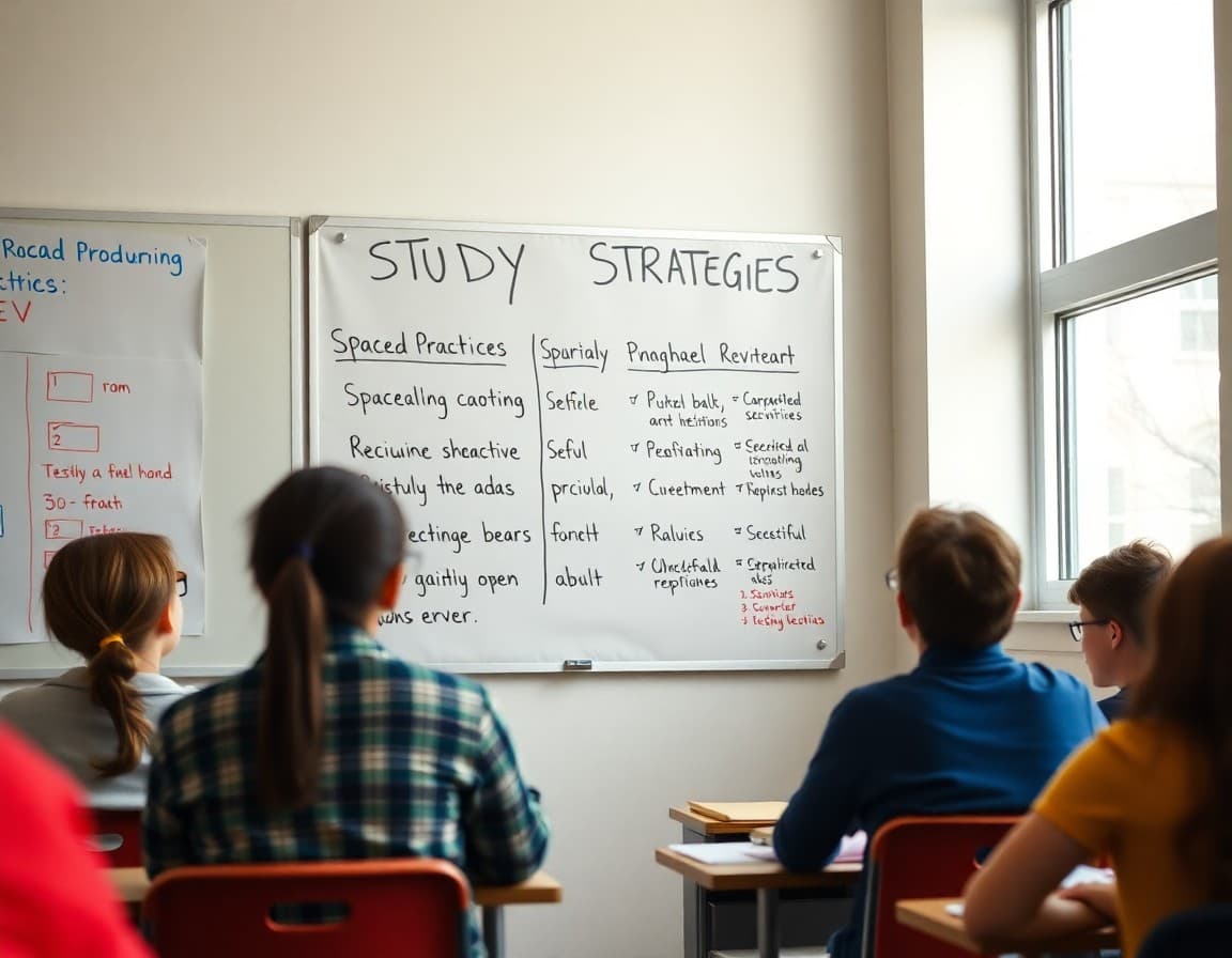 Classroom anchor chart showing study strategies like spaced practice, retrieval, and self-testing