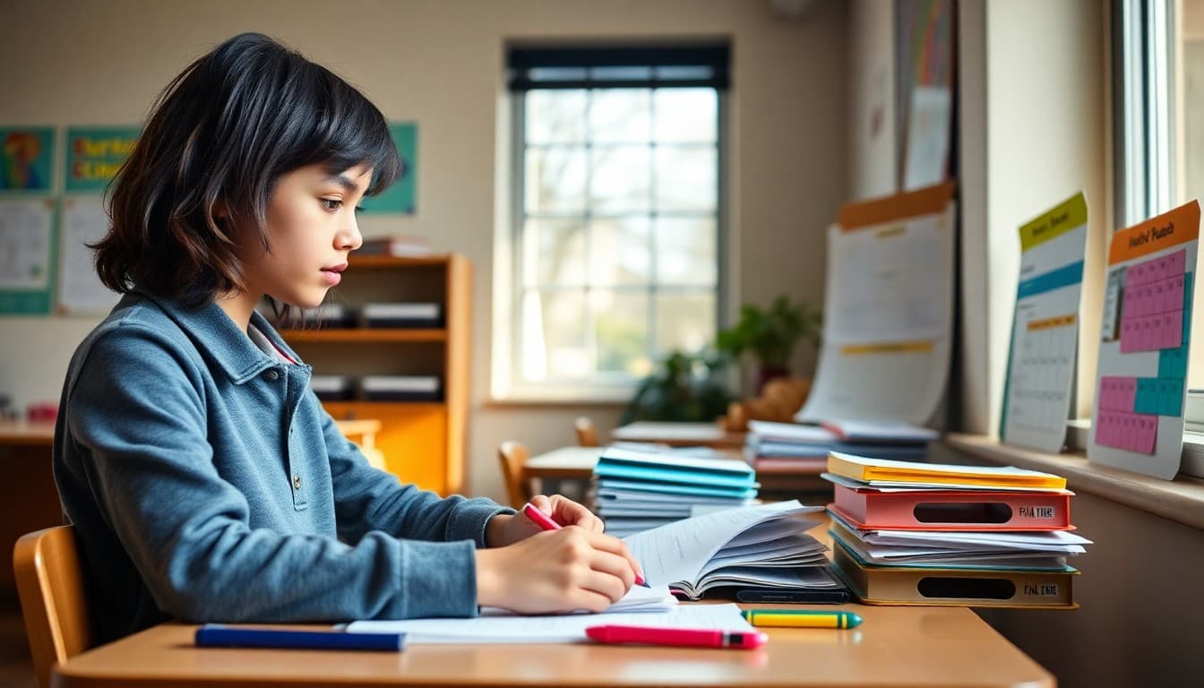 Student organizing notes at a clean desk with color-coded folders and a study schedule posted nearby