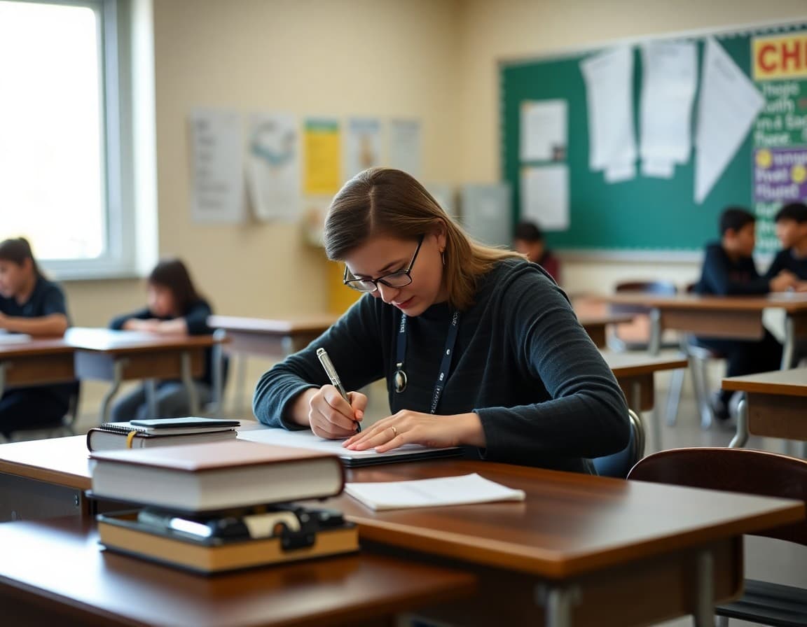 Teacher writing substitute lesson plans at a desk with a note to families visible nearby