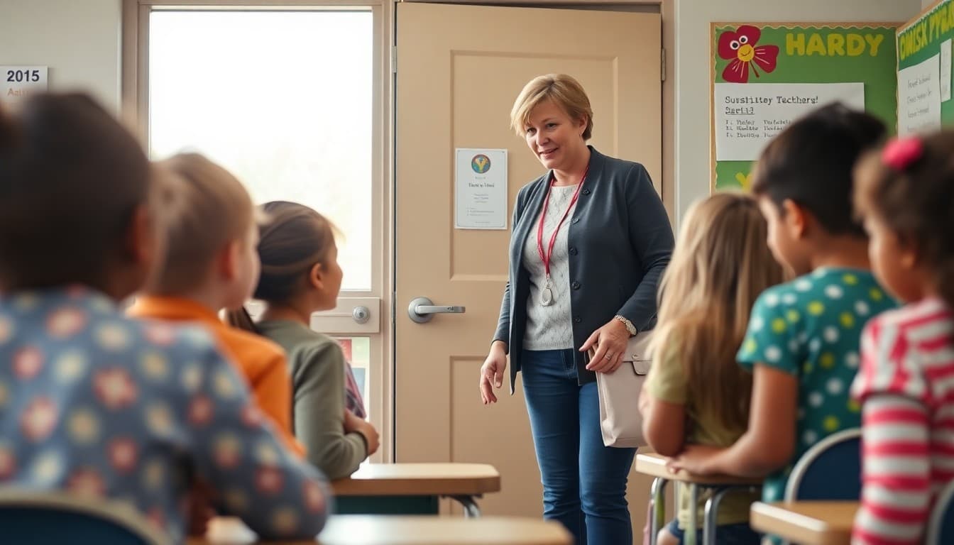 Substitute teacher greeting elementary students at the classroom door in the morning