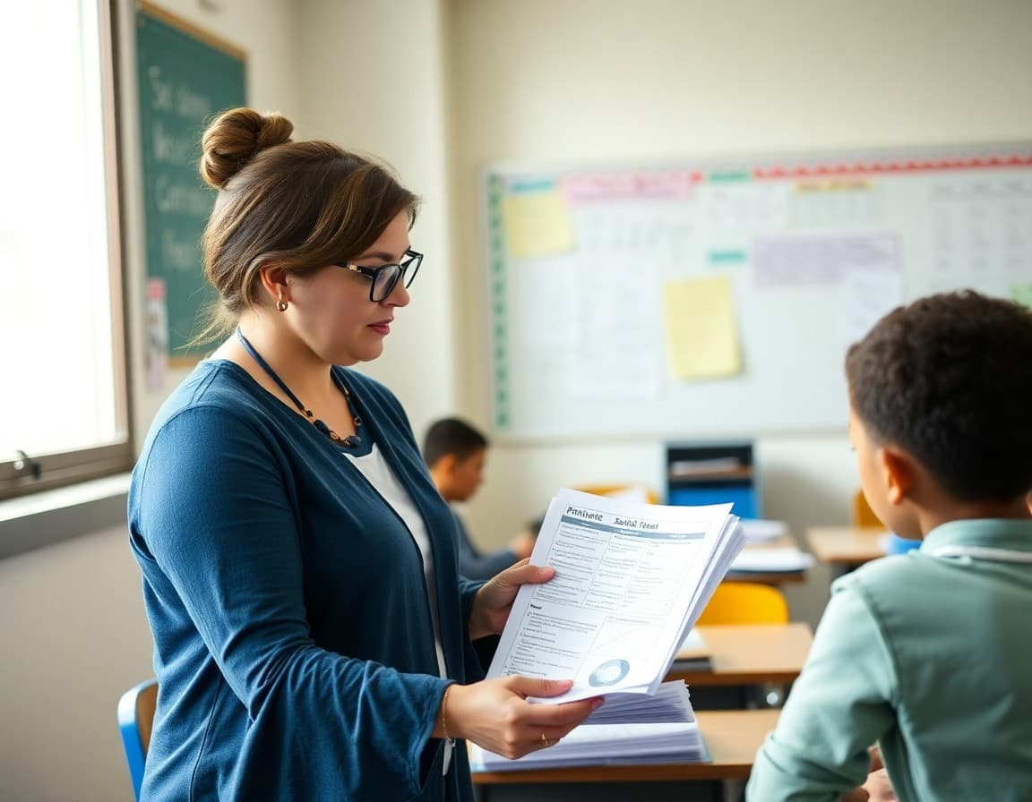 Teacher preparing substitute plans and classroom materials before an absence