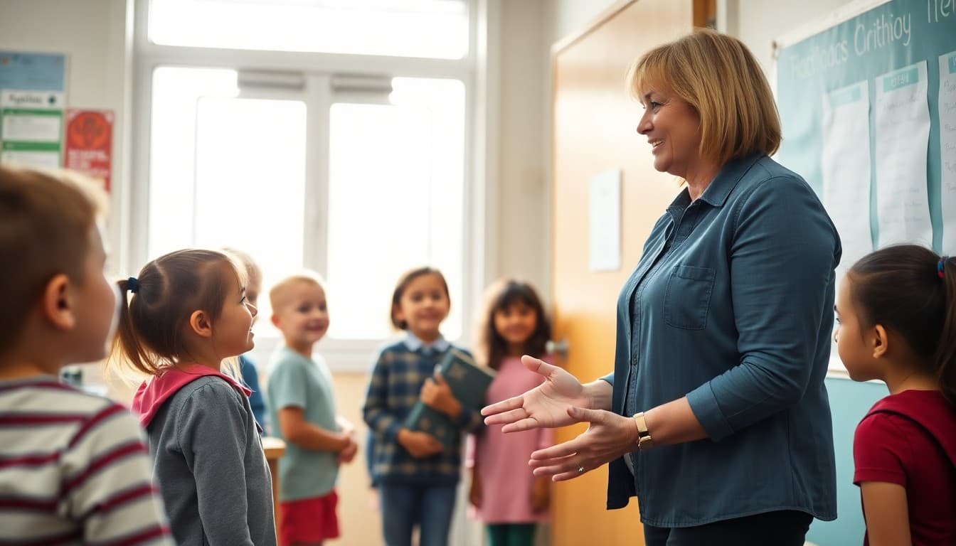 Substitute teacher greeting elementary students at classroom door in morning