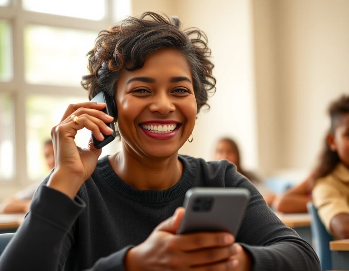 Parent receiving a success call from a teacher, smiling and proud of their child
